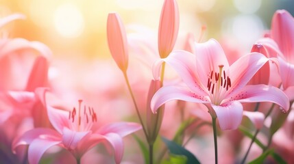 Beautiful blurred pink lily flower (very shallow DOF, selective focus) - obrazy, fototapety, plakaty