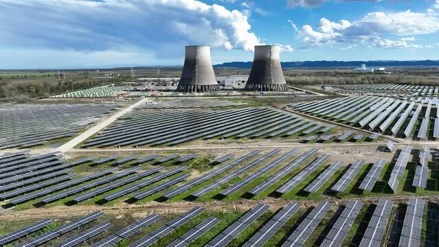 Trino, Italy - April 1, 2024: from nuclear power to photovoltaics: a solar power plant has been built on an area of 130 hectares, with 160,000 modules, a total capacity of  130 GWh