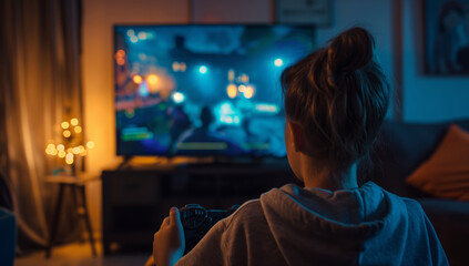 Young girl sitting in a chair engrossed in playing a video game on a screen.