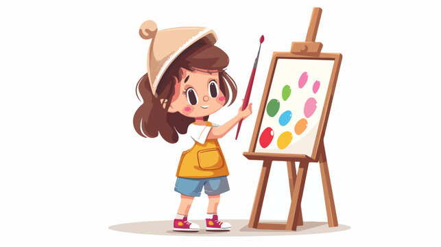 Cute little girl artist painting on canvas flat vector
