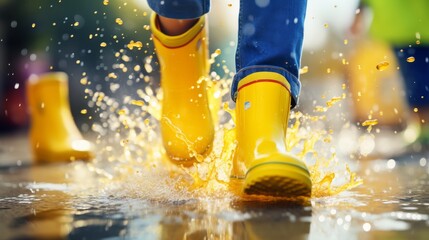 Close-Up of Person Wearing Yellow Rain Boots
