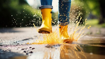 Person in Yellow Rain Boots on Wet Road