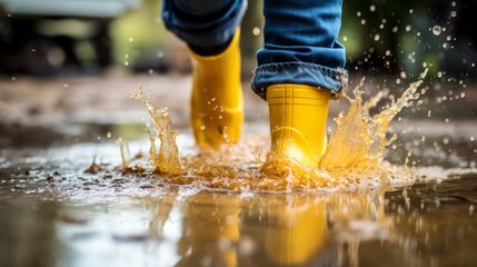 Person Splashing Through Puddle in Yellow Rain Boots - obrazy, fototapety, plakaty