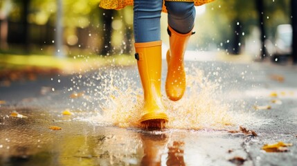 Person Walking Through Puddle in Yellow Rain Boots