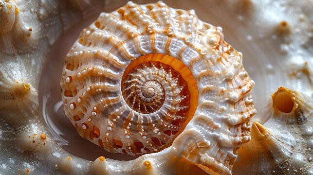 Close-up of a Spiral Shell, Intricate Natural Patterns and Textures. Perfect for Backgrounds and Nature Themes. AI