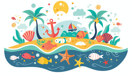 Fototapeta na wymiar Cute vector illustration with fish island with palm tr