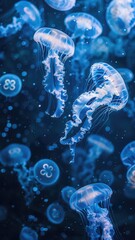 A serene underwater scene with ethereal jellyfish floating gracefully amidst tiny, luminescent sea particles in a deep blue ocean.