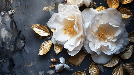  painted white flower and golden leaves on a dark gray background, 