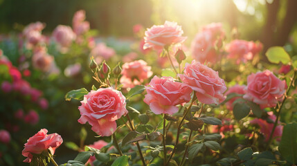 Pink roses in the garden. Wonderful flowers. Spring in the garden.