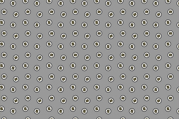 Seamless abstract pattern. Dollar . Fantasy ornament.Black dollar in a white circle on a gray background. Flyer design, advertising background, fabric, clothing.
