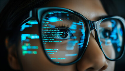 Close-up of a person wearing glasses, with reflections of code visible on the lenses.