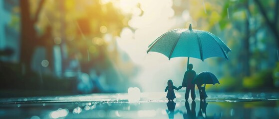 A small orange car is sitting in a puddle with a blue umbrella over it by AI generated image