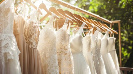 A variety of elegant bridal gowns on wooden hangers, displayed outdoors with natural light. - obrazy, fototapety, plakaty