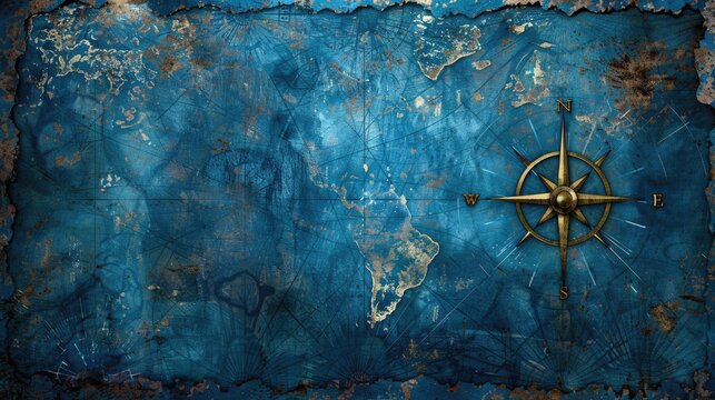Vintage Blue Map. Aged antique map background for adventure and travel concept. Retro dark design with decorative compass