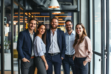 A diverse group of individuals standing in front of a transparent glass door