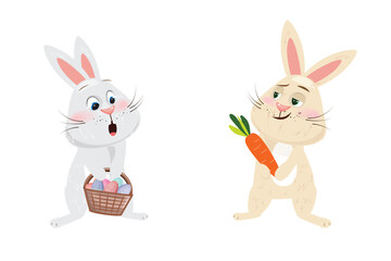 One bunny with basket filled with colorful Easter eggs, looking surprised and envy on another bunny holding proudly a carrot - obrazy, fototapety, plakaty