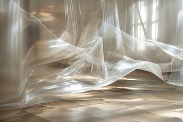 Sheer fabric caught in a soft dance of light and shadow on a herringbone wood floor.