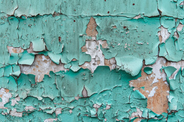 Obraz premium Detailed close up of peeling paint on a weathered wall, revealing layers of cracked and chipped paint