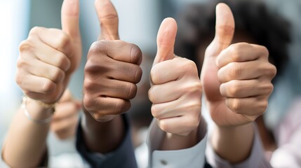 Diverse Team Giving Thumbs Up Sign for Success. Positive Feedback, Approval Gesture. Close-up of Hands. Conceptual Representation of Teamwork and Confidence. AI