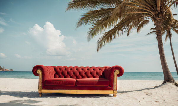 Mock-up red luxury classic sofa stands outdoor in the middle of empty sandy beach with palms,sea at the background.