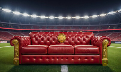 Mockup red luxury sofa with gold trim stands on a soccer field. Sofa is surrounded by a crowd of people, and the image conveys a sense of excitement and anticipation for the upcoming game.