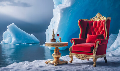 Mock-up red luxury classic armchair stands at the ice, symbolizing tranquility and relaxation.