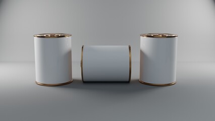 Food tin can mockup 3D rendering isolated on grey background