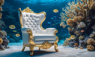 Mock-up white luxury vintage armchair stands in the blue ocean depth. Armchair surrounded by fish...