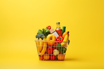 Shopping cart filled with diverse groceries, including fresh fruits, vegetables, and bottled juices against a yellow background. Generative AI