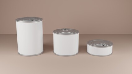 Three different canned food cans on light background 3d