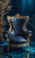 Mock-up - Black armchair stands in the blue ocean depths, surrounded by fish and coral. Armchair...