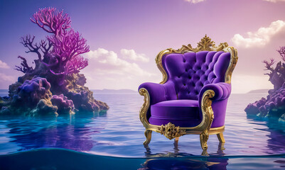 Mock-up purple luxury vintage armchair stands in the blue ocean cover. Concept highlights the...