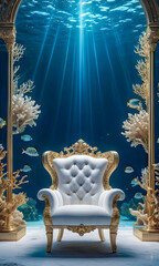 Mock-up white luxury armchair stands in the depths of blue ocean, surrounded by fish and coral.Aarmhair serves as the focal point,creating serene and tranquil atmosphere with ocean and marine life.
