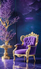 Mock-up - Purple luxury armchair with gold elements and corals . Armchair emanates tranquility, complemented by calming presence .
