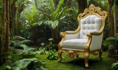 Obraz premium Amidst the tranquility of a tropical forest, a mock-up presents a white luxury classic armchair with gold elements, inviting relaxation and peace.