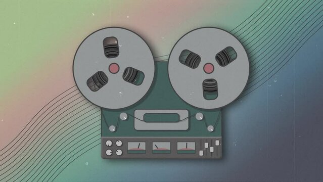 An 80s style animated reel-to-reel tape recorder running on a colorful background. Animation of old music devices, retro 4k video animation with noise, dust and interference. reel player