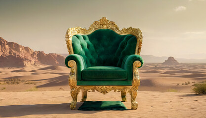 Mock-up green luxury vintage armchair stands in the desert.Idea of an unexpected secluded spot in...