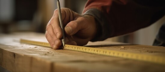 close up of craftsman hands measuring wooden planks and marking with pencil to make interior furniture - obrazy, fototapety, plakaty