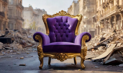 Mock-up background - Purple luxury classic armchair with gold elements stands in the middle of destroyed city.Illustration for article or book about survival and recovery after a crash or catastrophe.