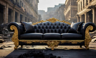 Black luxury classic sofa with gold elements stands in the middle of destroyed city,mock up.Concept symbolizes resilience and beauty in the face of destruction