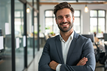 Fototapeta premium A man stands with his arms crossed in an office setting, showcasing confidence and authority