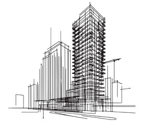 High rise building sketch. Line art
