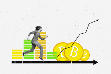 Composite photo collage of happy man run scream chart promotion bitcoin gold crypto money trade nft...
