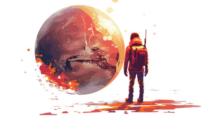 Futuristic traveler admiring burning planet. SciFi sc