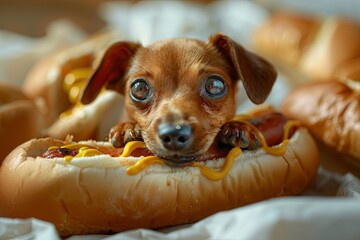 Dog  dachshund with fawn coat sitting on hot dog with mustard, diner advertisement - obrazy, fototapety, plakaty