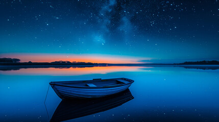 A small wooden boat floating on the calm lake under a starry sky, with the milky way visible,...