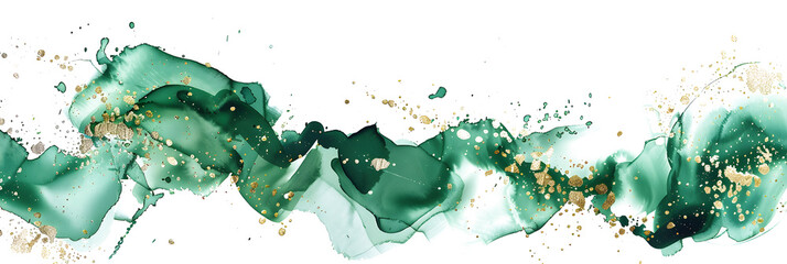 Green watercolor splatter with gold accents on transparent background.