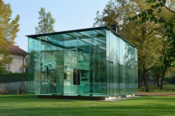 Fototapeta na wymiar Glass house on lush green field with glass facade and open door