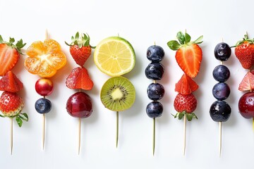 Fruit skewers on white background natural foods display