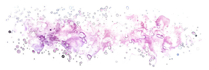Pink and purple watercolor wash with silver droplets on transparent background.